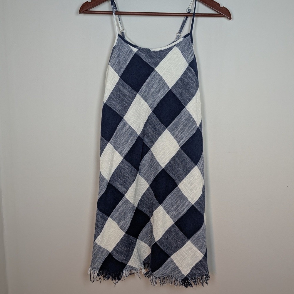 Universal Thread Navy Buffalo Plaid Fringe Hem Cotton Mini Dress Small Nautical